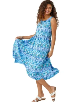 Roman Aqua Sleeveless Aztec Print Smock Midi Dress