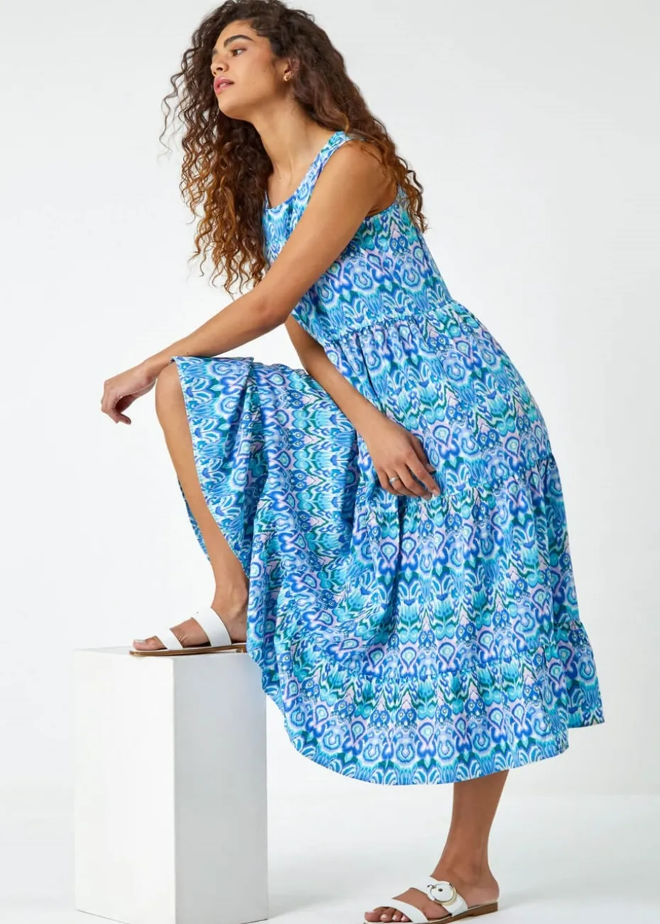 Roman Aqua Sleeveless Aztec Print Smock Midi Dress