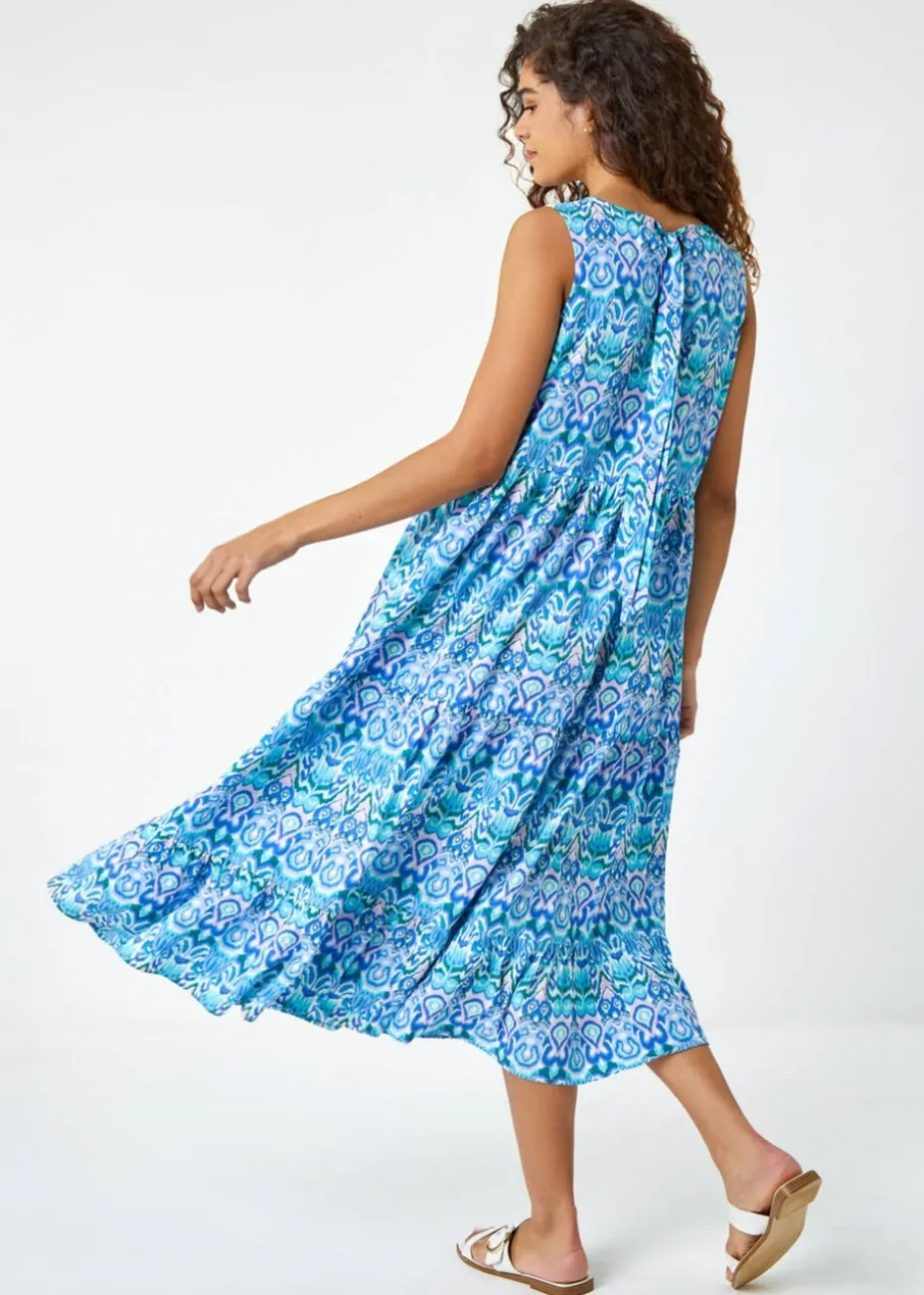 Roman Aqua Sleeveless Aztec Print Smock Midi Dress