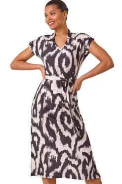 Roman Beige Abstract Print Belted Stretch Midi Dress