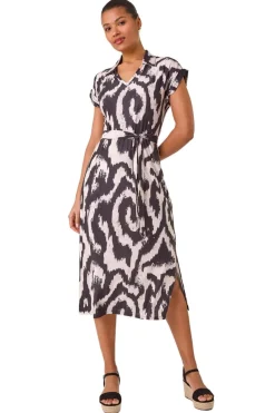 Roman Beige Abstract Print Belted Stretch Midi Dress