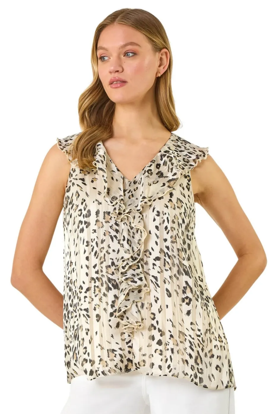 Roman Beige Animal Print Ruffle Front Vest Top