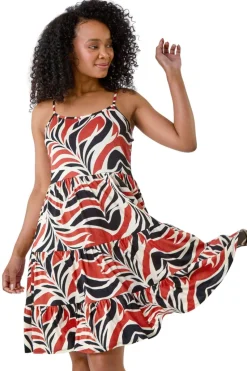 Roman Beige Biscuit Petite Leaf Print Tiered Stretch Dress