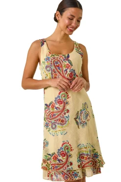 Roman Beige Paisley Double Layered Mini Dress