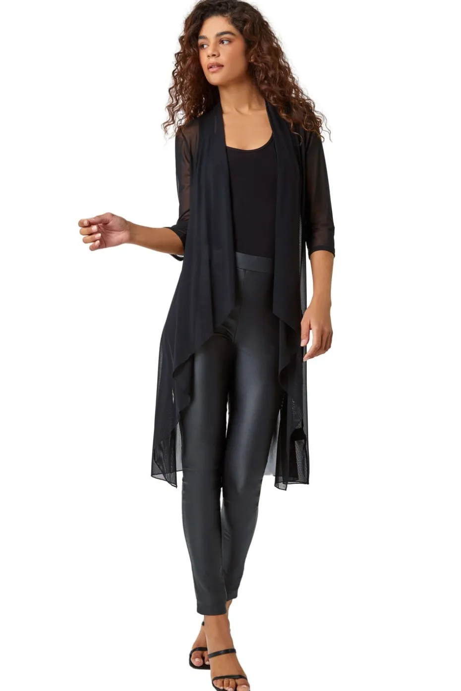 Roman Black 3/4 Sleeve Mesh Longline Kimono