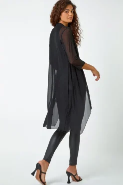 Roman Black 3/4 Sleeve Mesh Longline Kimono
