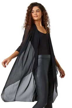 Roman Black 3/4 Sleeve Mesh Longline Kimono
