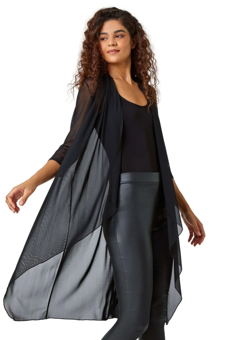 Roman Black 3/4 Sleeve Mesh Longline Kimono