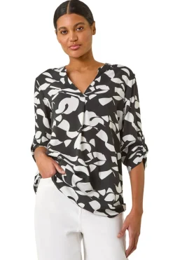 Roman Black Abstract Mono Pleat Detail Top