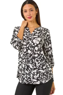 Roman Black Abstract Mono Print Pleated Shirt