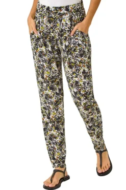 Roman Black Abstract Print Harem Straight Trousers