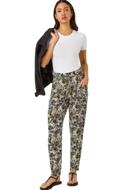 Roman Black Abstract Print Harem Straight Trousers