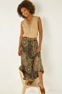 Roman Black Abstract Print Belted A-Line Skirt