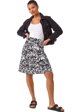 Roman Black A-Line Palm Mono Print Skirt