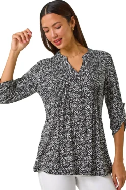 Roman Black Animal Print Pintuck Shirt