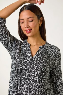 Roman Black Animal Print Pintuck Shirt