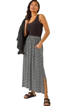 Roman Black Animal Print Split Stretch Skirt