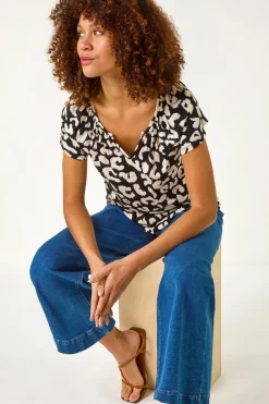 Roman Black Animal Print V Neck Stretch Top
