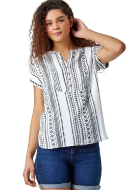 Roman Black Aztec Print Button V-Neck Detail Top