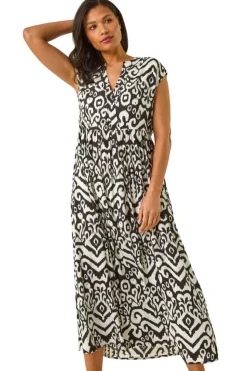 Roman Black Aztec Print Midi Smock Dress