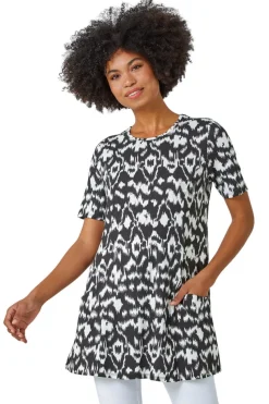 Roman Black Aztec Print Pocket Tunic Top