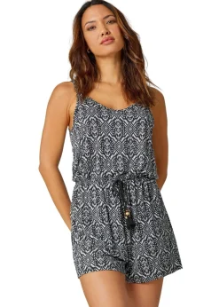 Roman Black Aztec Print Sleeveless Stretch Playsuit