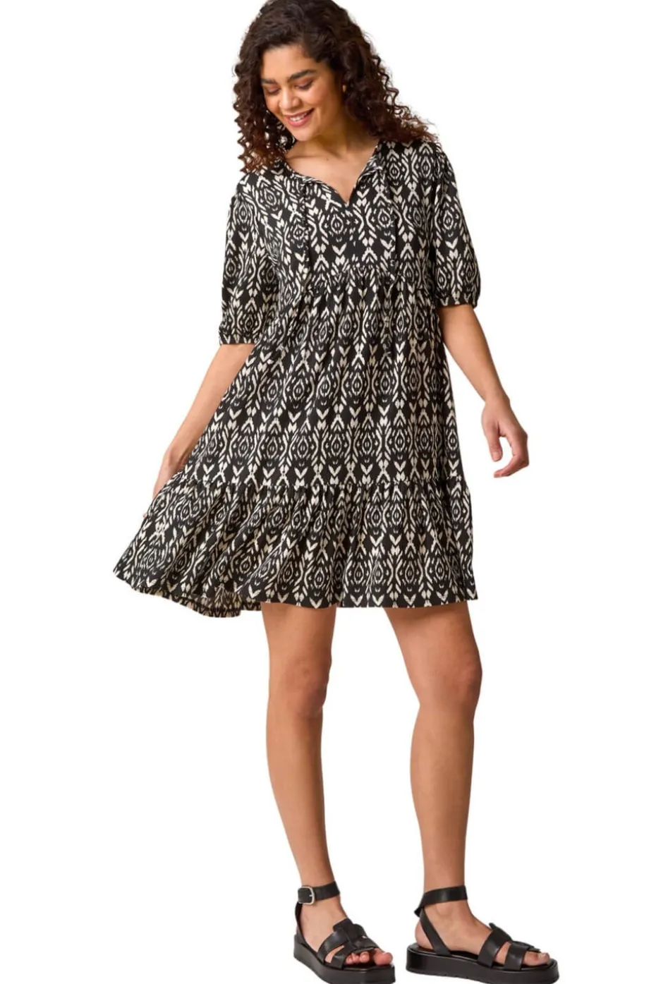 Roman Black Aztec Tie Front Smock Dress
