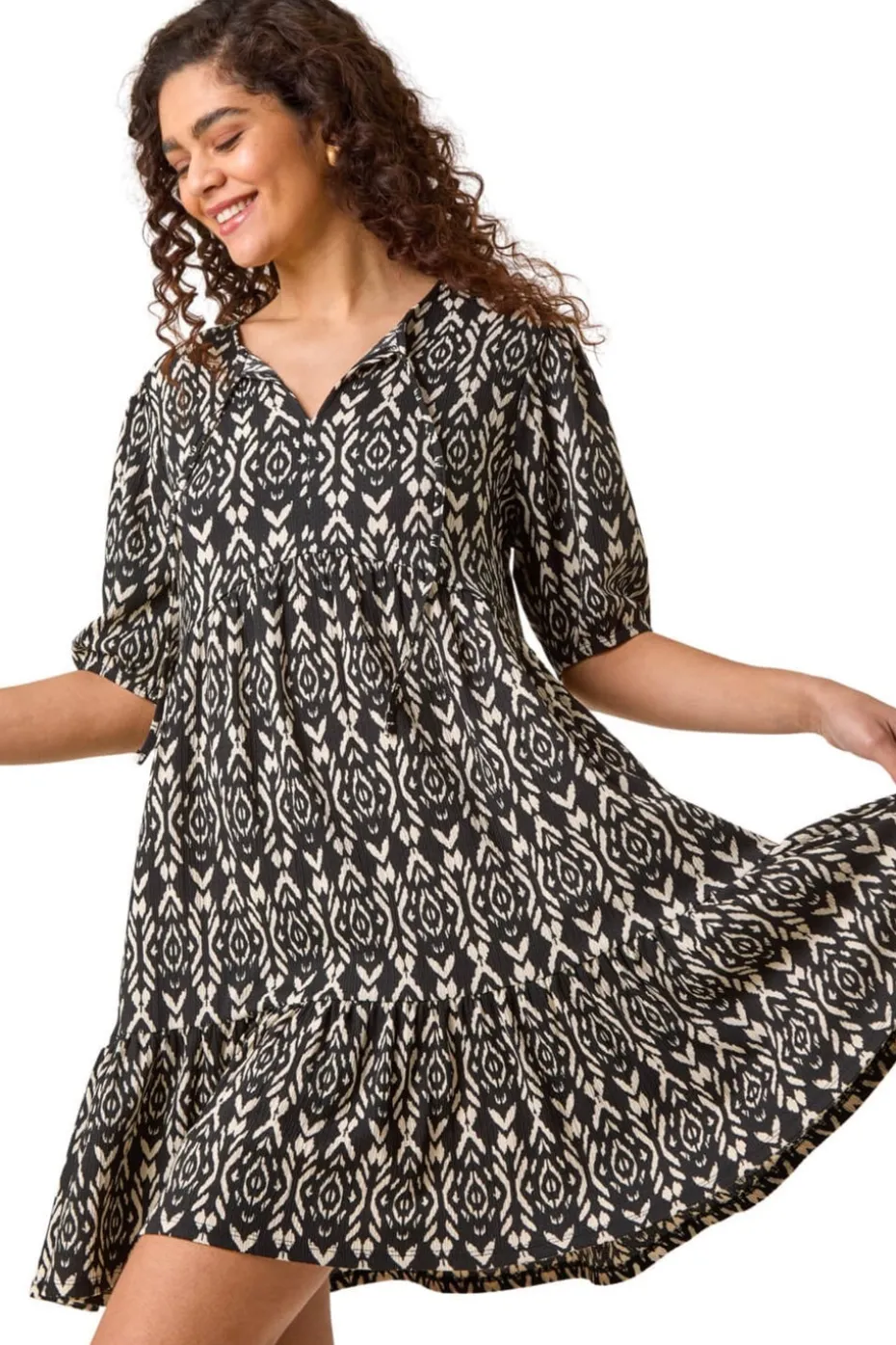 Roman Black Aztec Tie Front Smock Dress