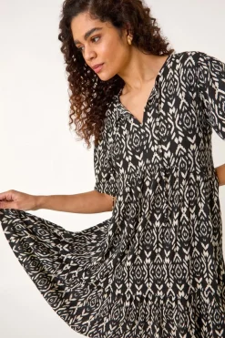 Roman Black Aztec Tie Front Smock Dress