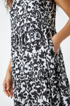 Roman Black  Baroque Tiered Smock Midi Dress