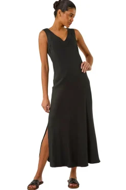 Roman Black Bias Linen Mix Midi Dress