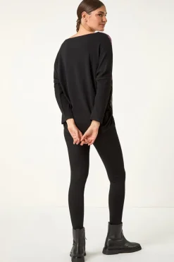 Roman Black Colour Block Print Stretch Sleeve Top