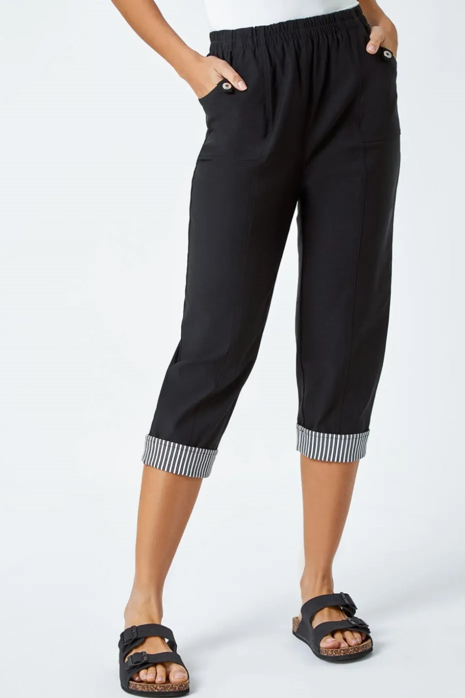 Roman Black Contrast Detail Cropped Stretch Trousers
