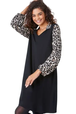 Roman Black Contrast Leopard Print Swing Dress