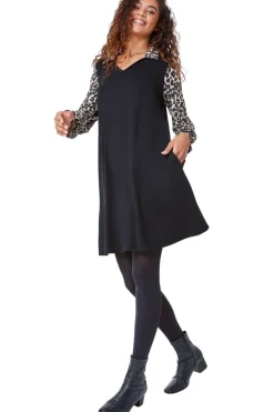 Roman Black Contrast Leopard Print Swing Dress