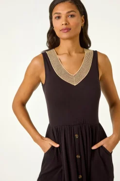 Roman Black Contrast V Neck Stretch Midi Dress