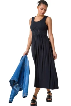 Roman Black Cotton Blend Lace Detail Midi Dress