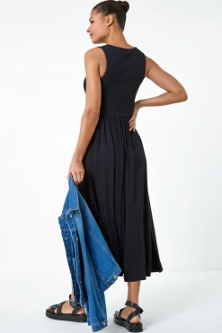 Roman Black Cotton Blend Lace Detail Midi Dress