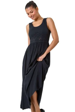 Roman Black Cotton Blend Lace Detail Midi Dress