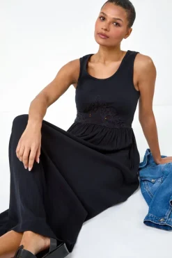 Roman Black Cotton Blend Lace Detail Midi Dress