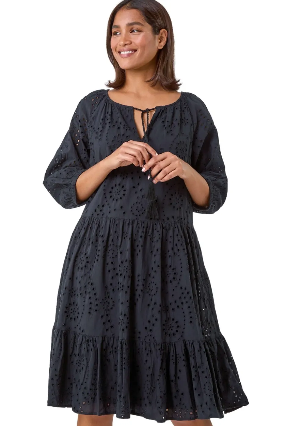 Roman Black Cotton Broderie Tiered Smock Dress