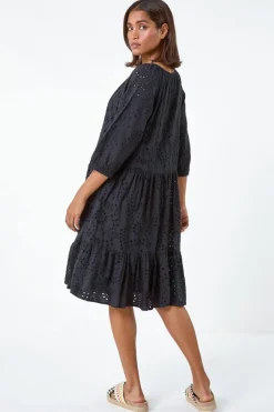 Roman Black Cotton Broderie Tiered Smock Dress
