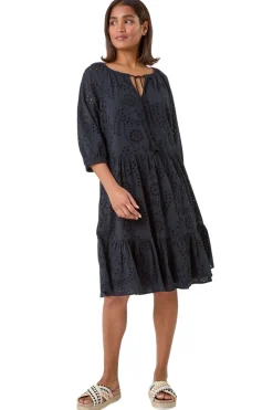 Roman Black Cotton Broderie Tiered Smock Dress
