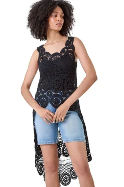 Roman Black Cotton Crochet Dipped Hem Knit Top