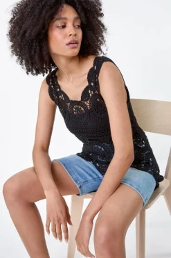 Roman Black Cotton Crochet Dipped Hem Knit Top