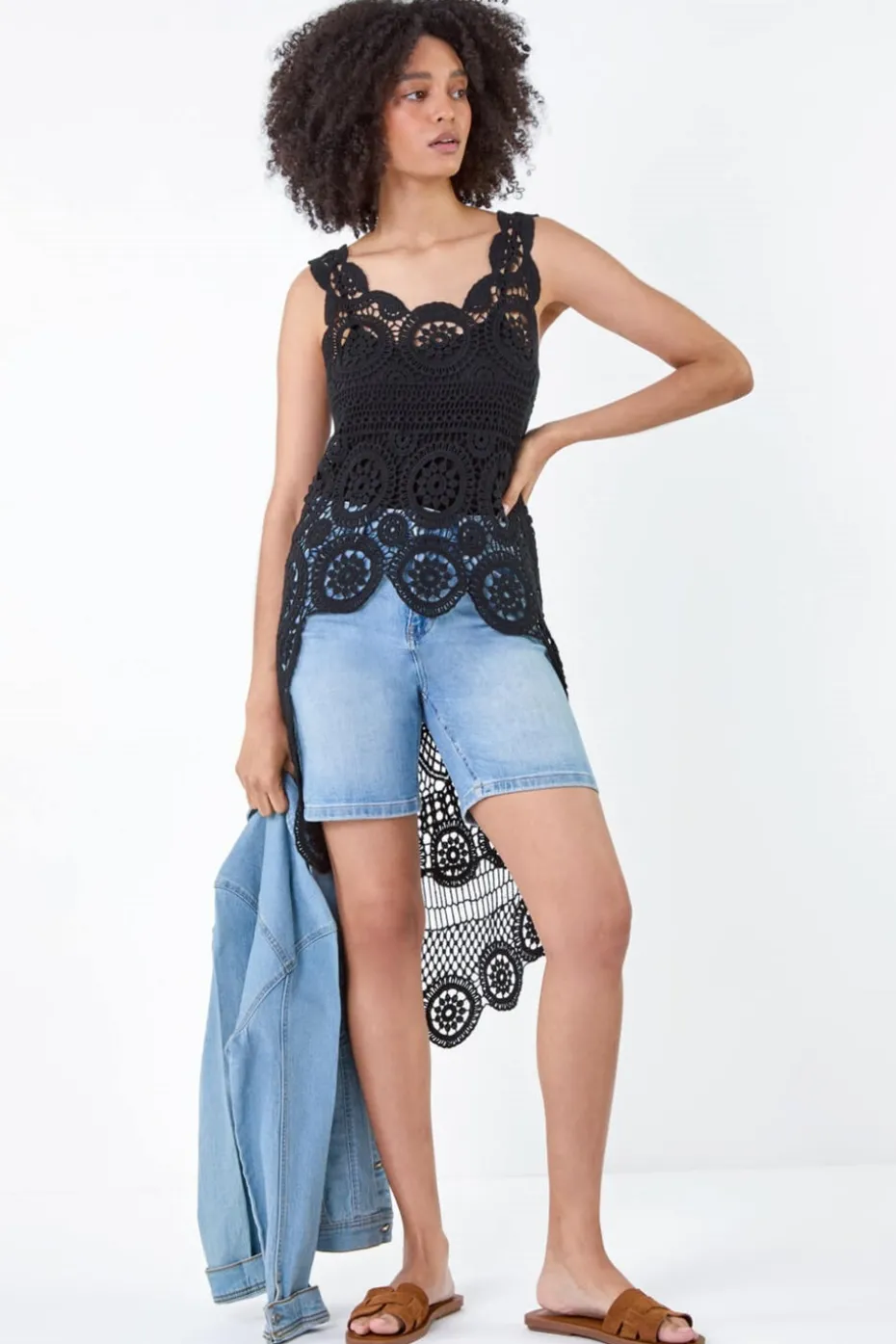 Roman Black Cotton Crochet Dipped Hem Knit Top