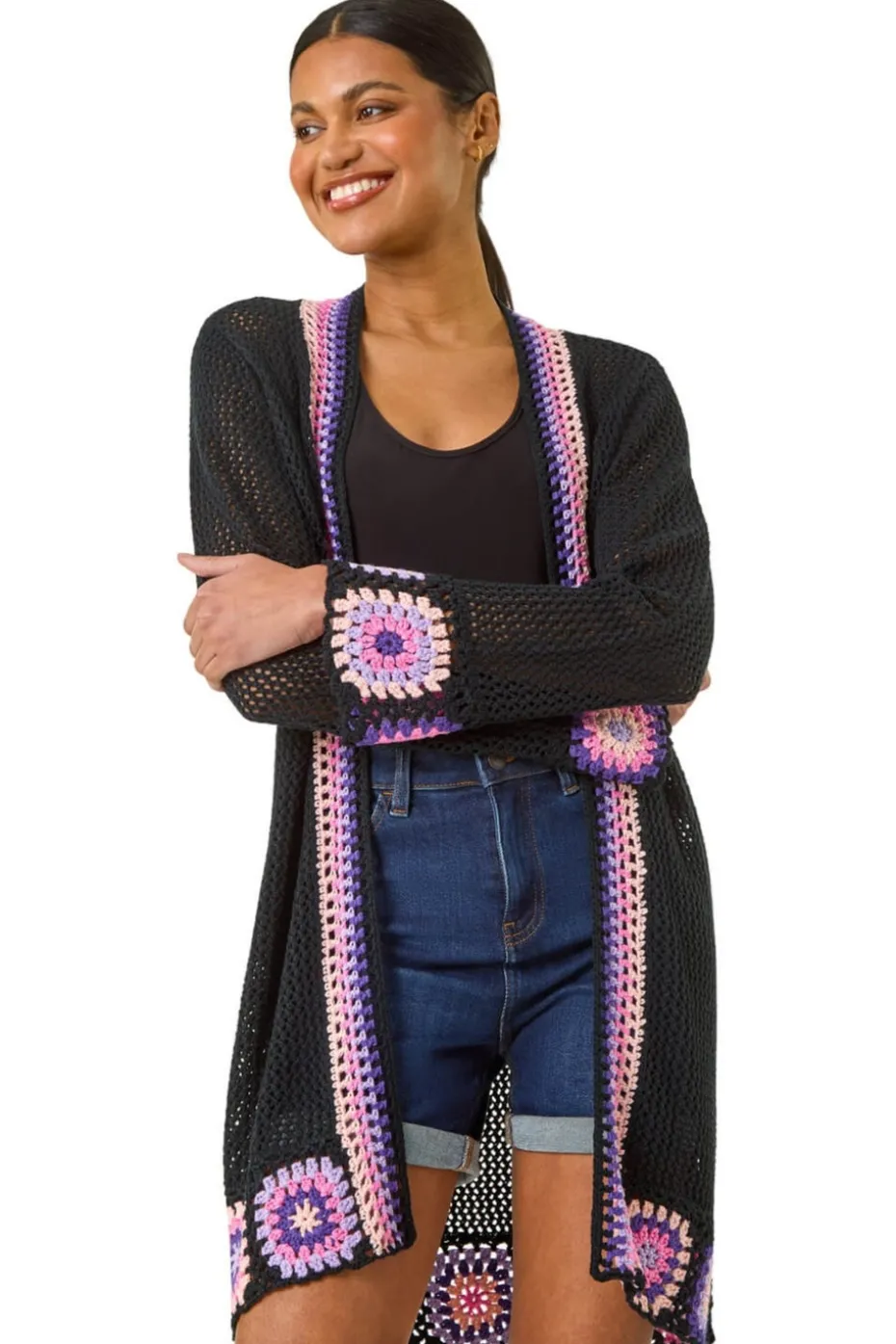 Roman Black Crochet Hem Lightweight Knit Cardigan