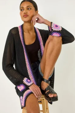 Roman Black Crochet Hem Lightweight Knit Cardigan