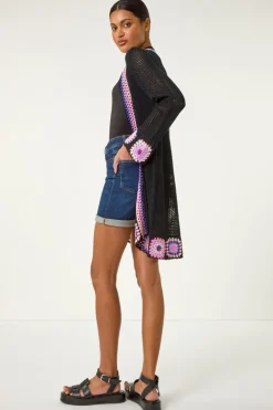 Roman Black Crochet Hem Lightweight Knit Cardigan