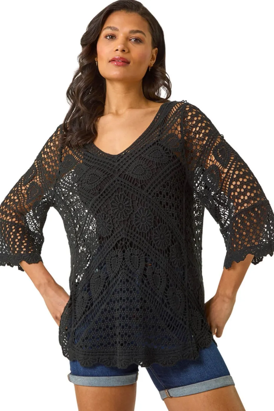 Roman Black Crochet Lace V-Neck Open Knit